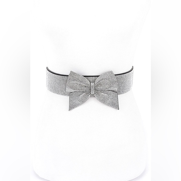 Metallic Rhinestone Bow Tie Elastic Corset Statement Belt - Picture 2 of 6